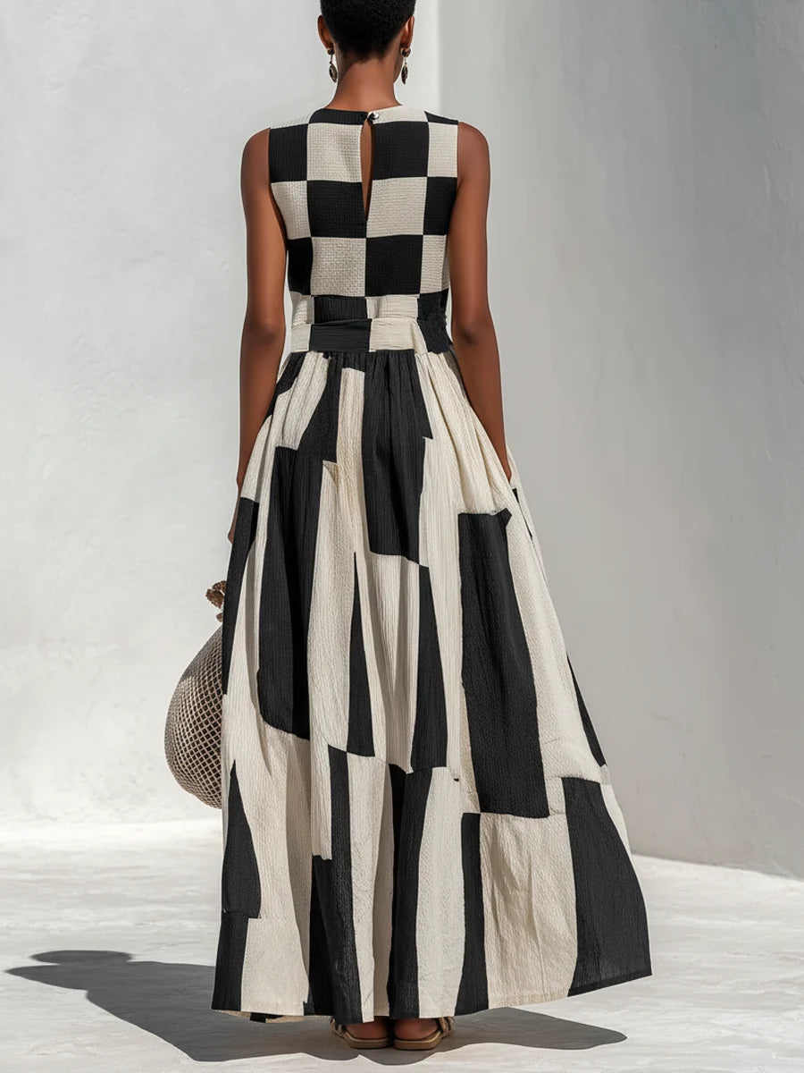 Ashlyn | Vestido sin Mangas con Paneles de Cuadros y Rayas