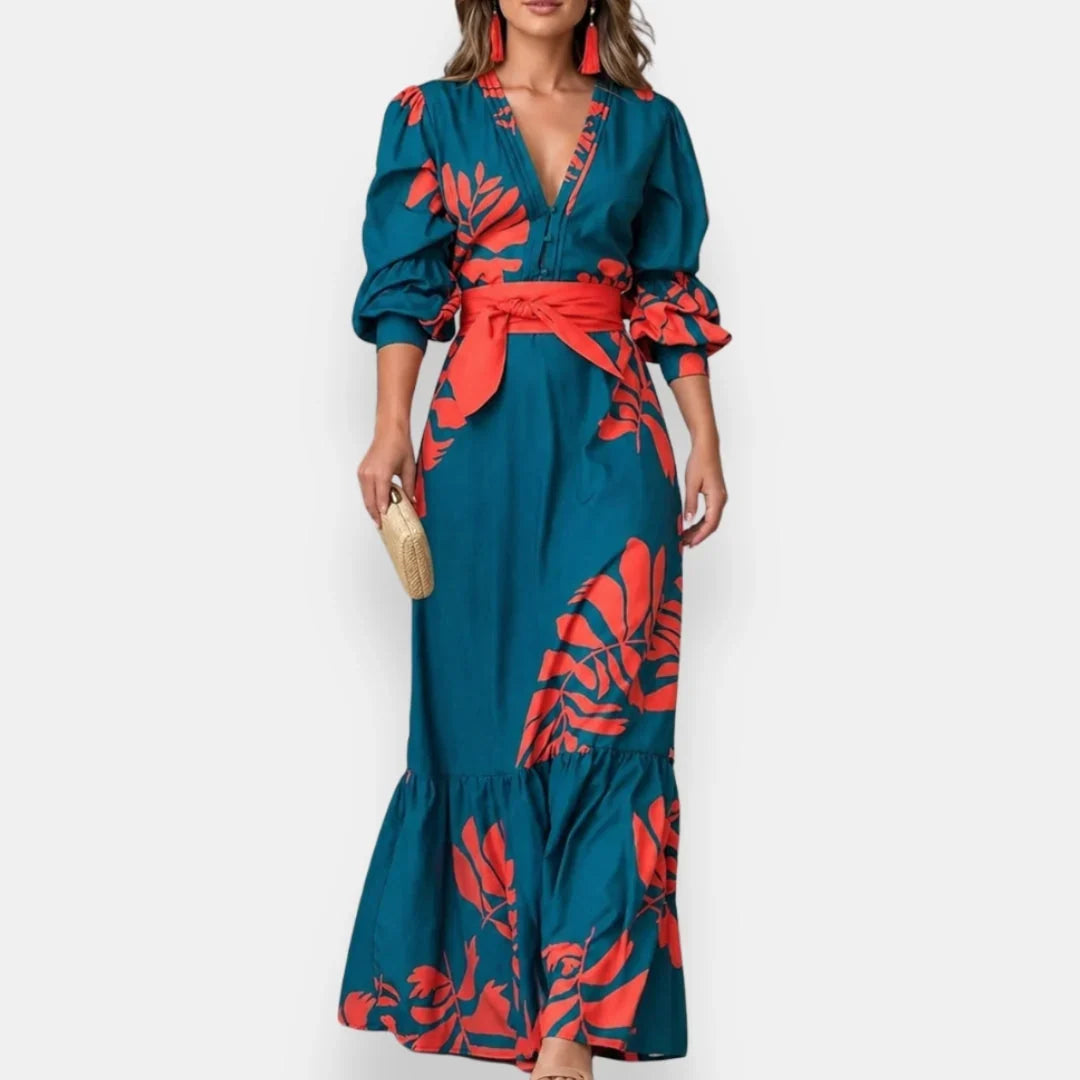Hena | Vestido Largo Floral con Cinturón y Mangas Abullonadas