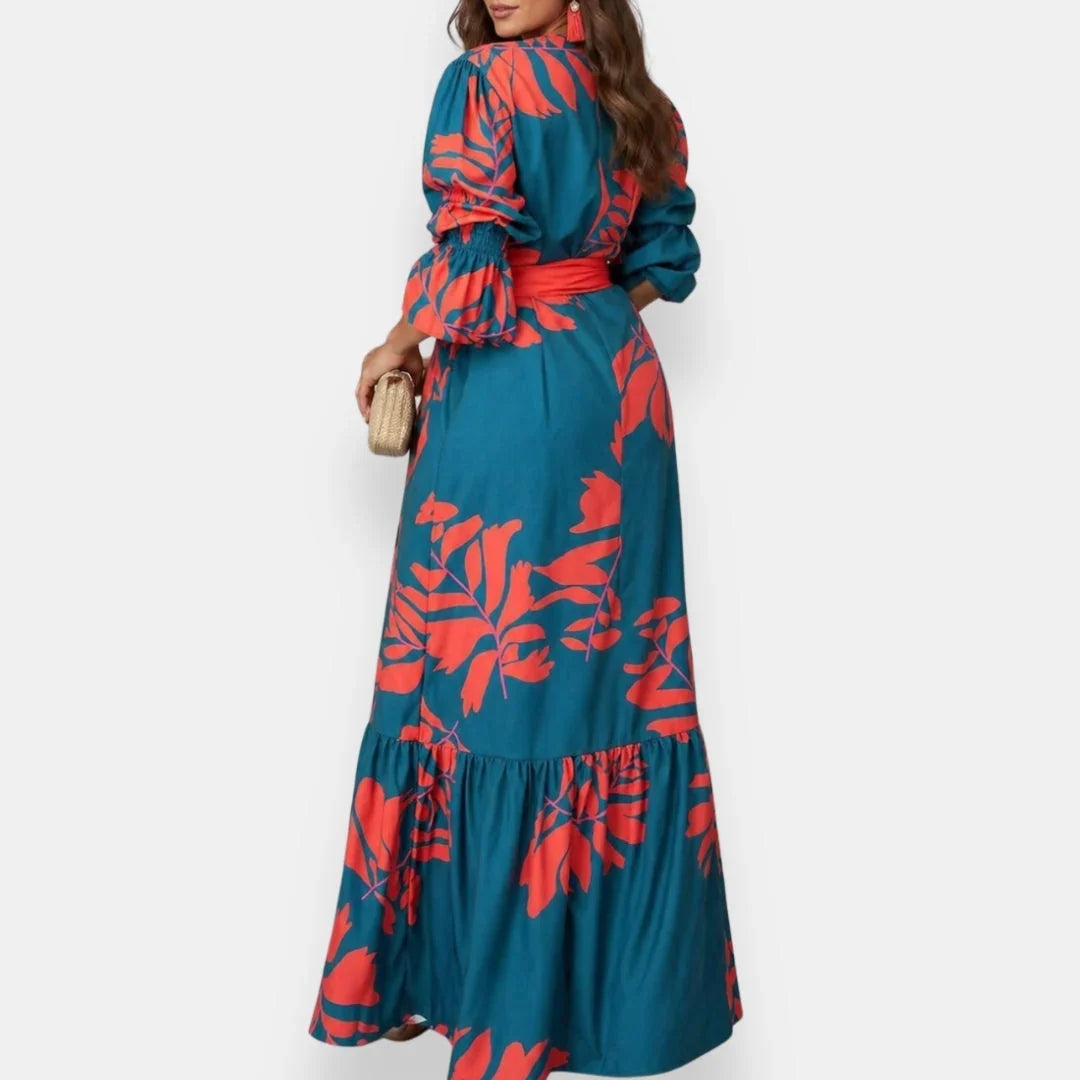 Hena | Vestido Largo Floral con Cinturón y Mangas Abullonadas