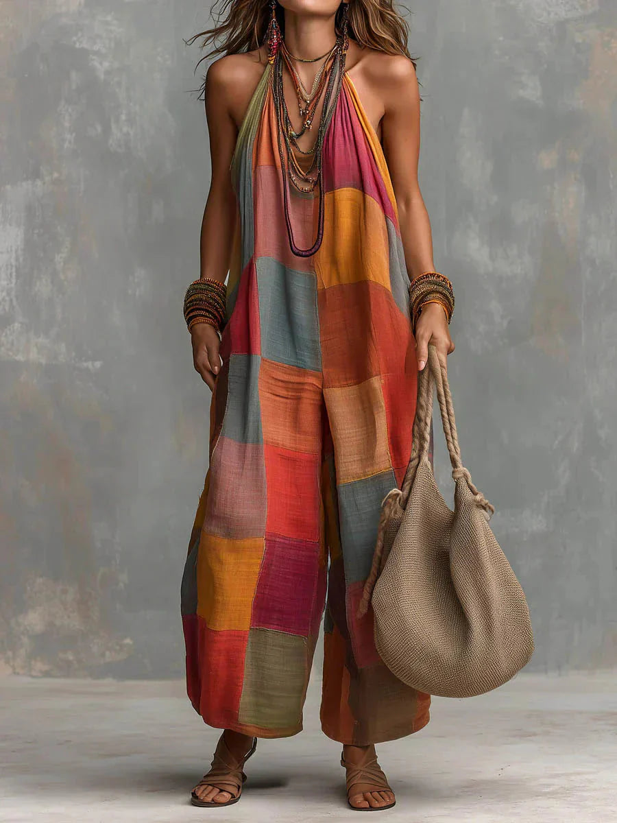Meriny | Mono Largo con Estampado Patchwork y Escote Halter + Bolso de Regalo