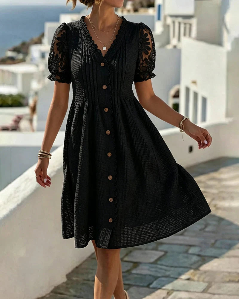 Deneke | Vestido Patchwork con Girasoles y Mangas Abullonadas