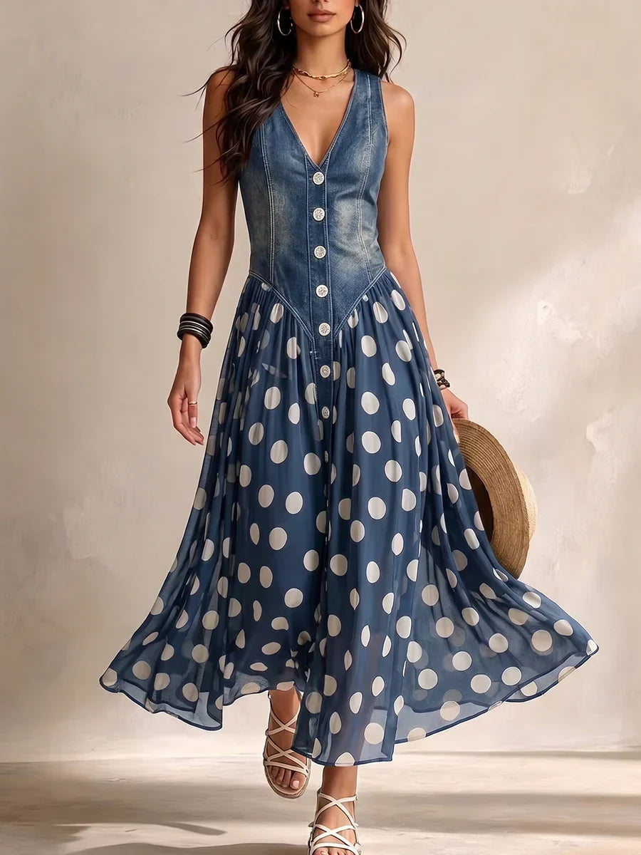 Vylina | Vestido Vaquero con Falda de Gasa de Lunares