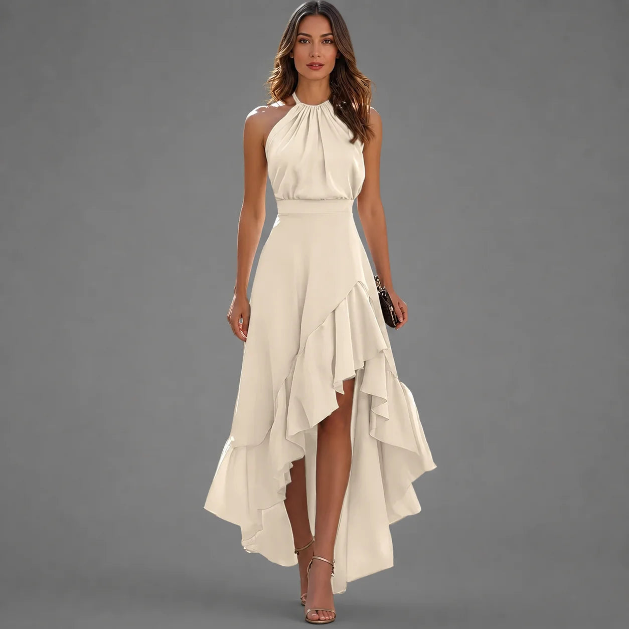 Viennetta | Vestido Largo Asimétrico con Escote Halter y Volantes