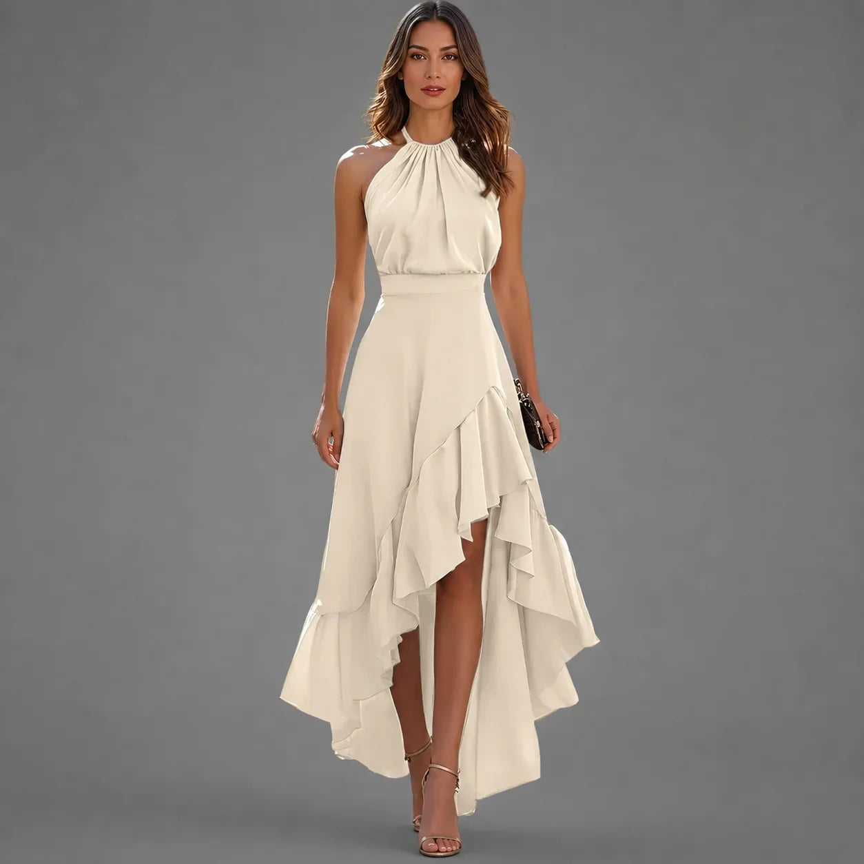 Viennetta | Vestido Largo Asimétrico con Escote Halter y Volantes