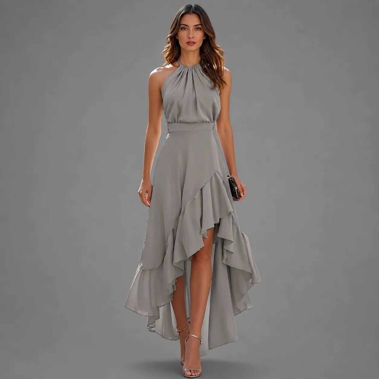 Viennetta | Vestido Largo Asimétrico con Escote Halter y Volantes