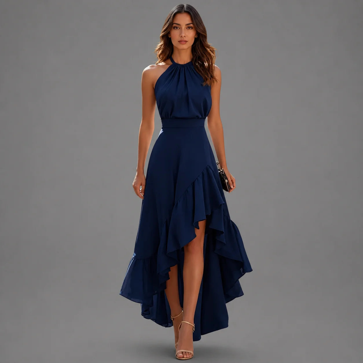 Viennetta | Vestido Largo Asimétrico con Escote Halter y Volantes