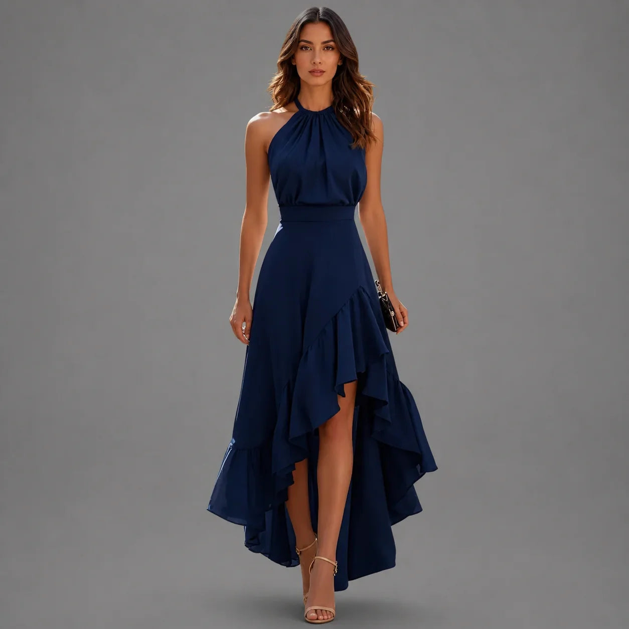 Viennetta | Vestido Largo Asimétrico con Escote Halter y Volantes