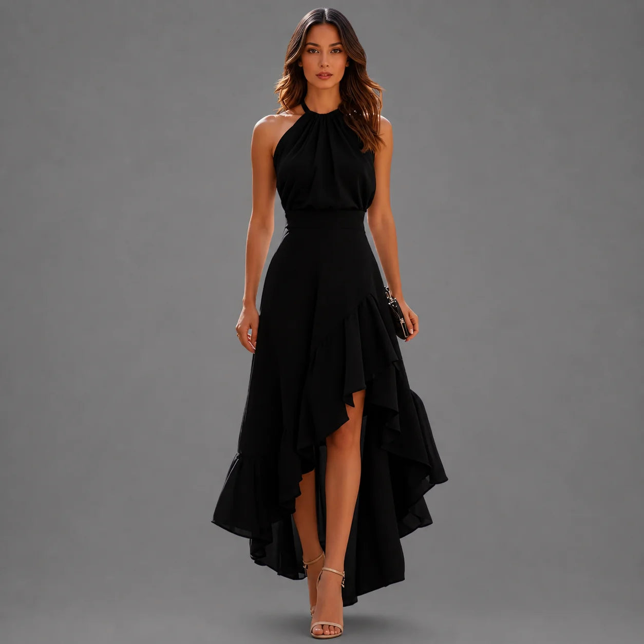 Viennetta | Vestido Largo Asimétrico con Escote Halter y Volantes