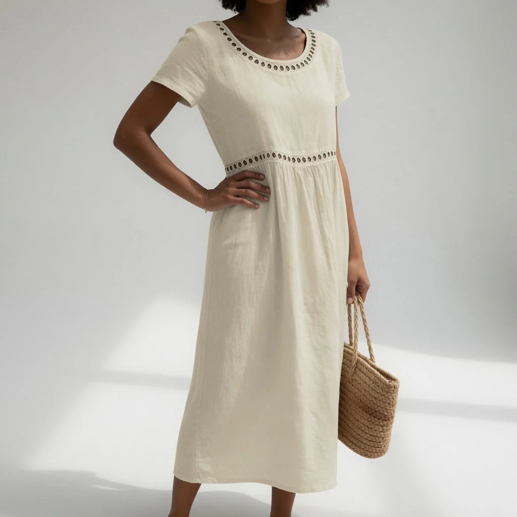 Carolina | Vestido Midi de Lino con Detalle Bordado
