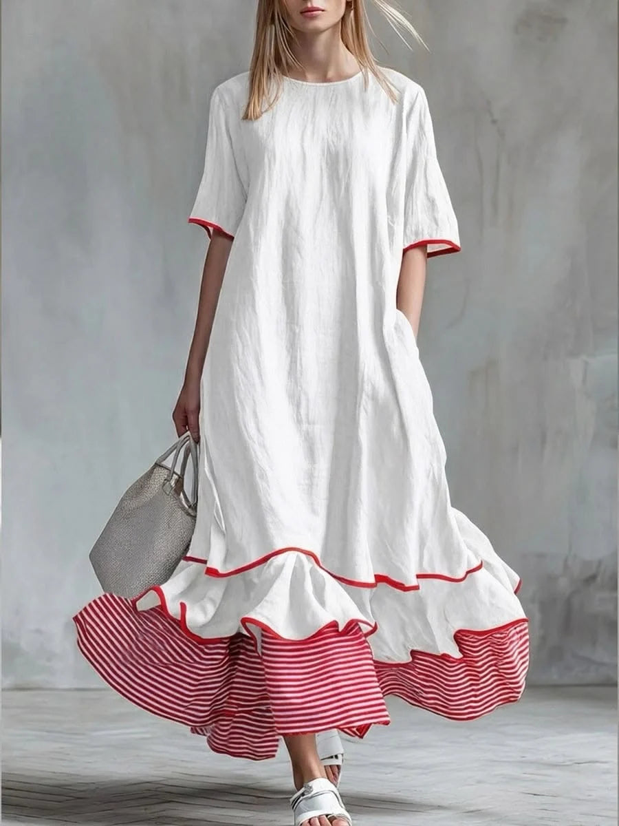Behice | Vestido Largo a Rayas Rojas con Mangas Cortas y Volantes