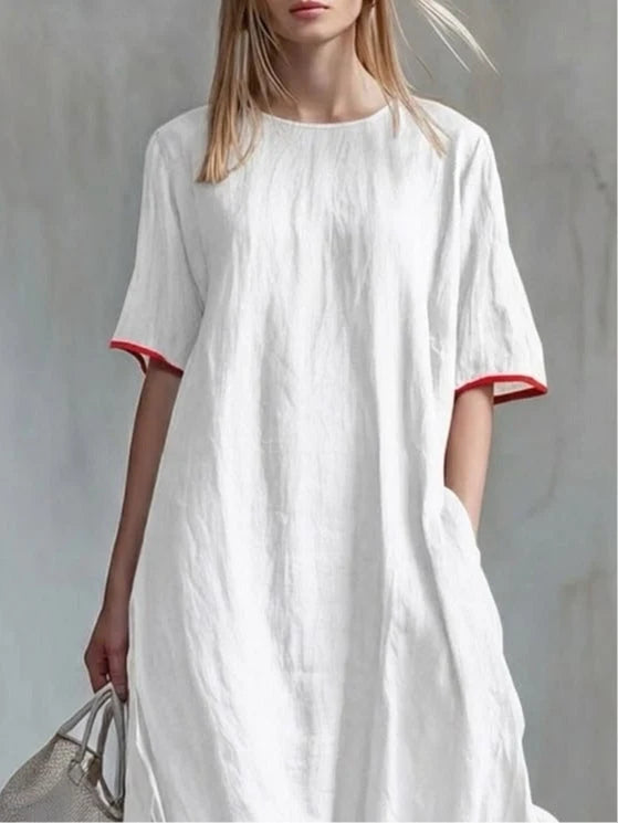 Behice | Vestido Largo a Rayas Rojas con Mangas Cortas y Volantes