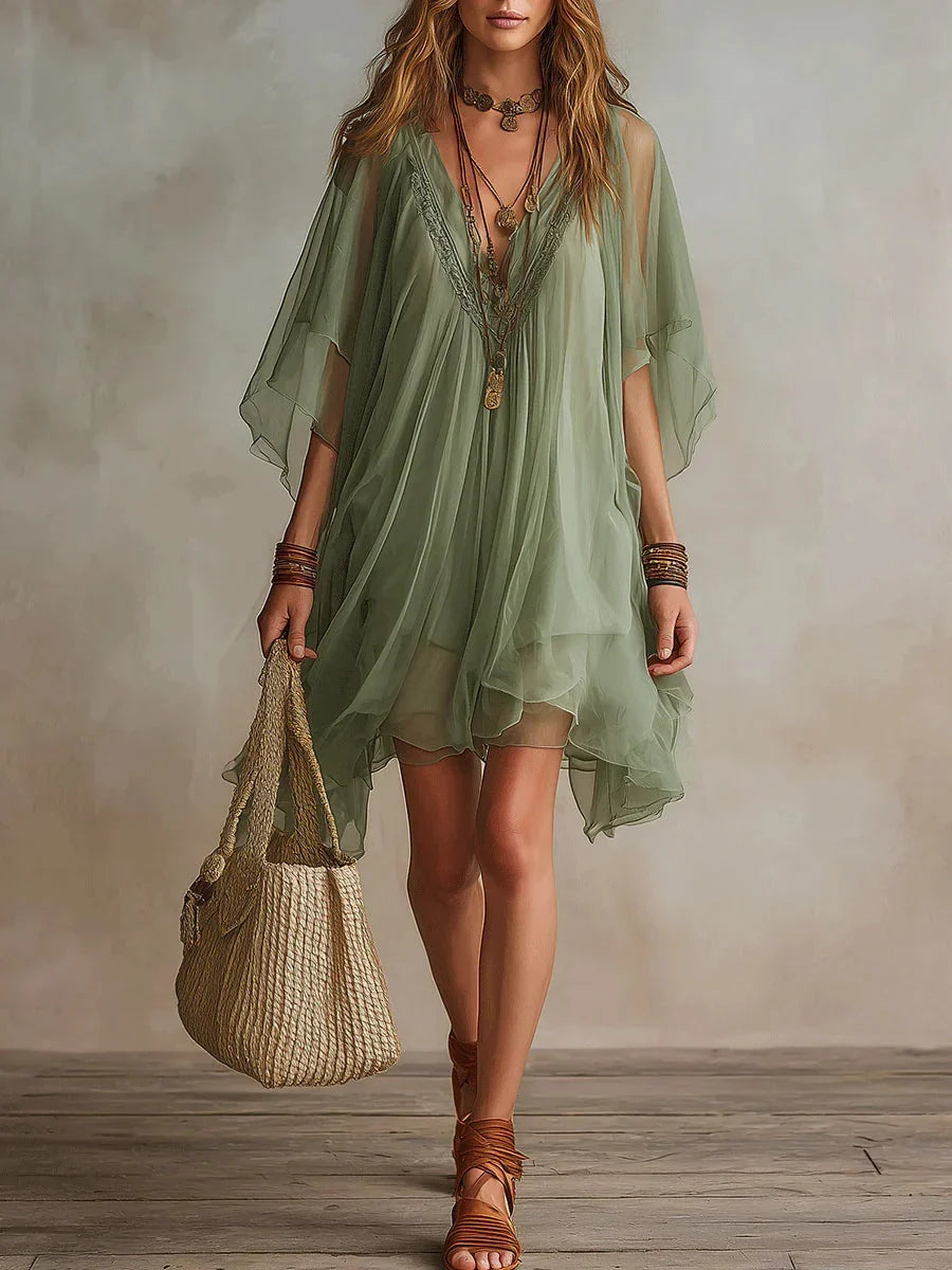 Sadet | Vestido Corto de Gasa con Escote en V + Bolso de regalo