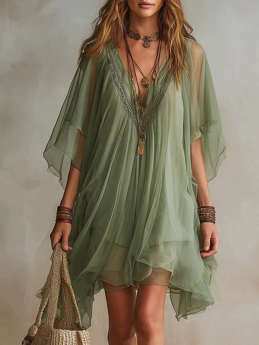 Sadet | Vestido Corto de Gasa con Escote en V + Bolso de regalo