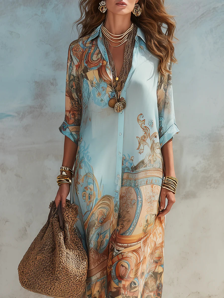 Donatella | Vestido Camisero Largo con Estampado Artístico