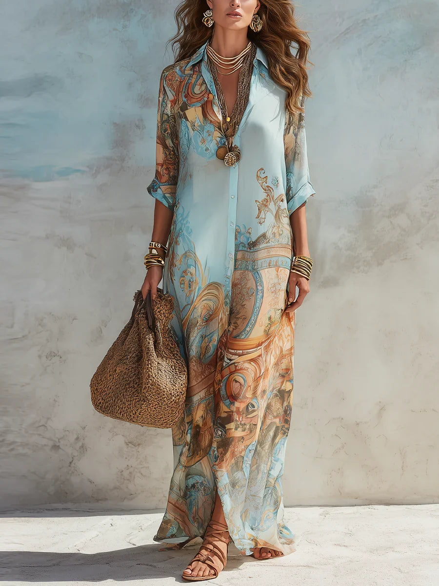Donatella | Vestido Camisero Largo con Estampado Artístico
