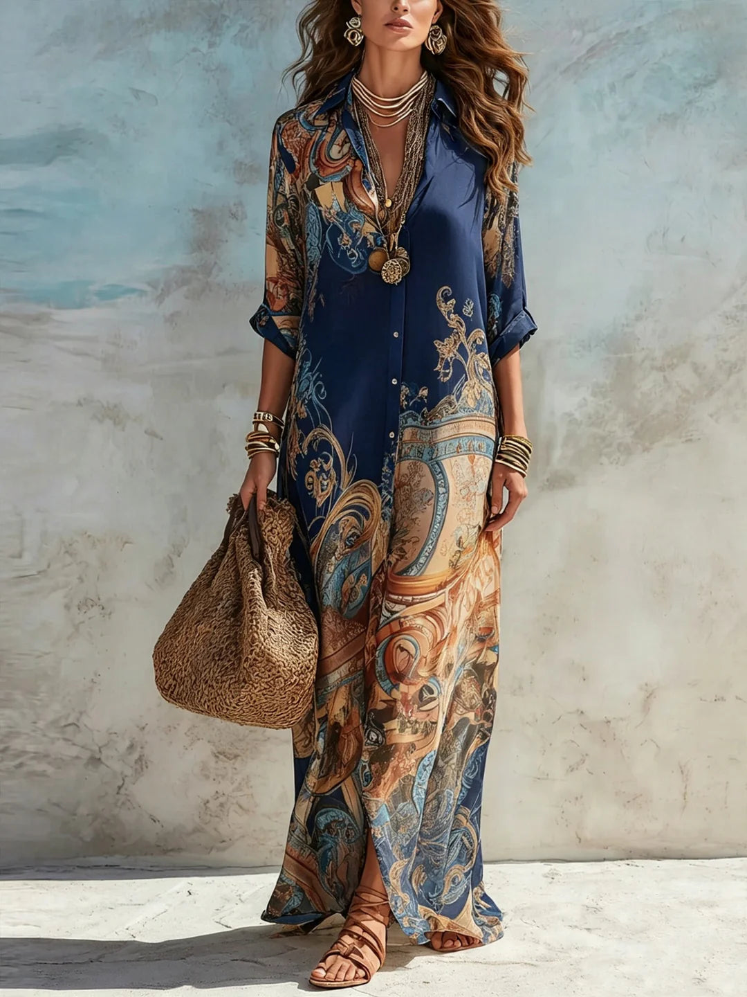 Donatella | Vestido Camisero Largo con Estampado Artístico