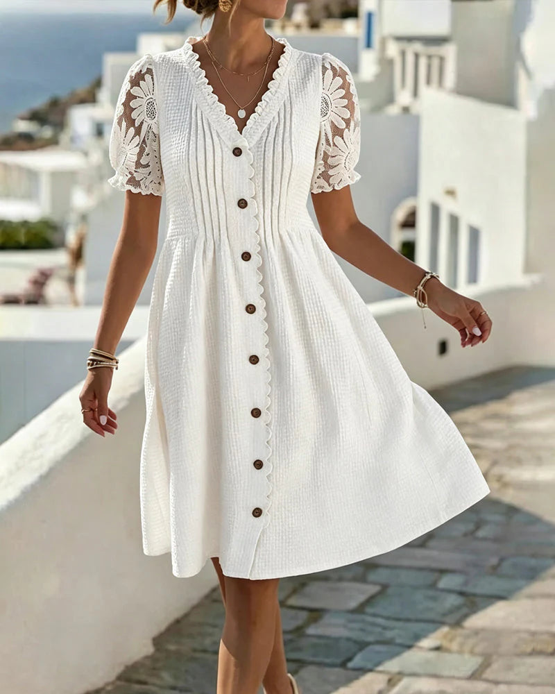 Deneke | Vestido Patchwork con Girasoles y Mangas Abullonadas