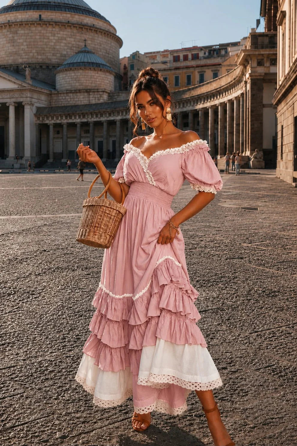 Aisha | Vestido Largo con Hombros Descubiertos Volantes + Bolso de Regalo