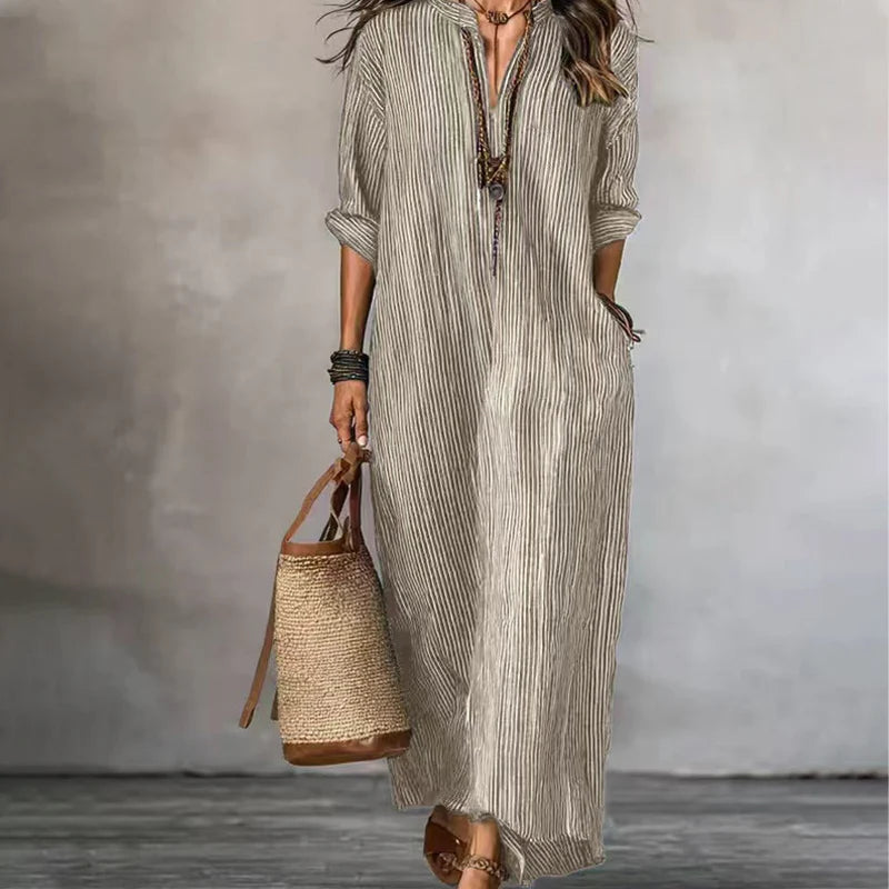 Levina | Vestido Largo a Rayas Con Cuello En V