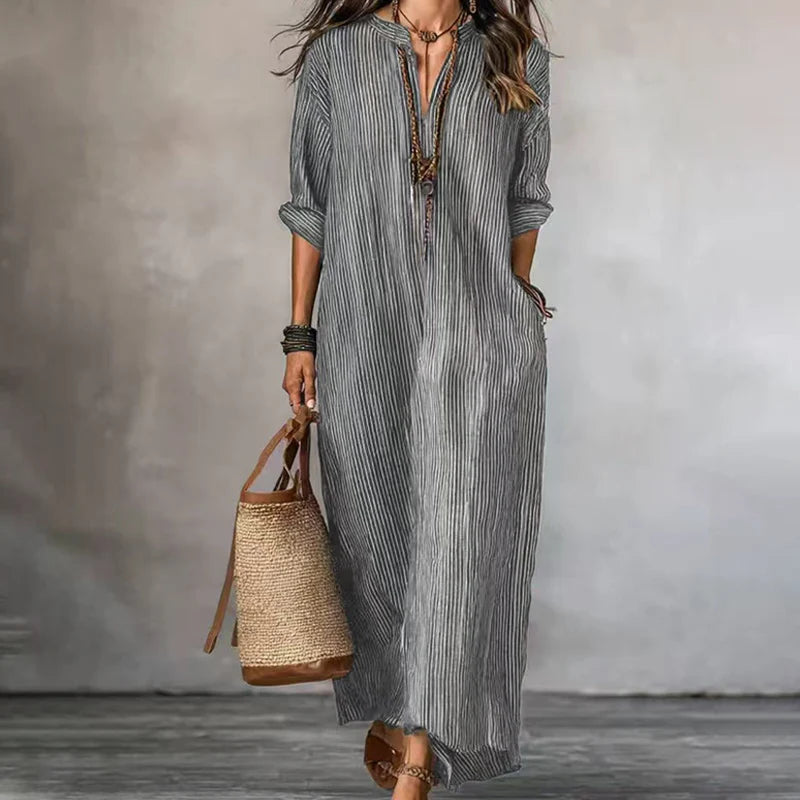 Levina | Vestido Largo a Rayas Con Cuello En V