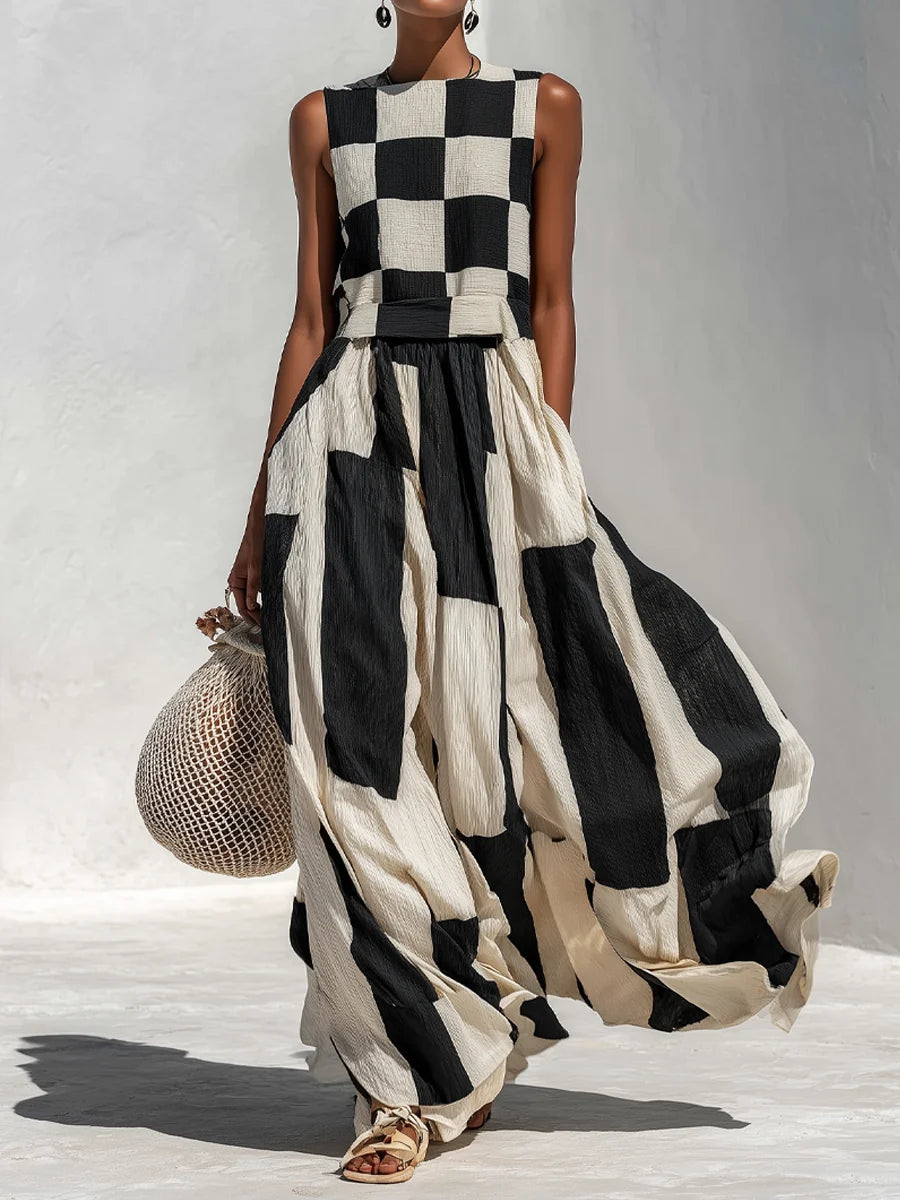 Ashlyn | Vestido sin Mangas con Paneles de Cuadros y Rayas