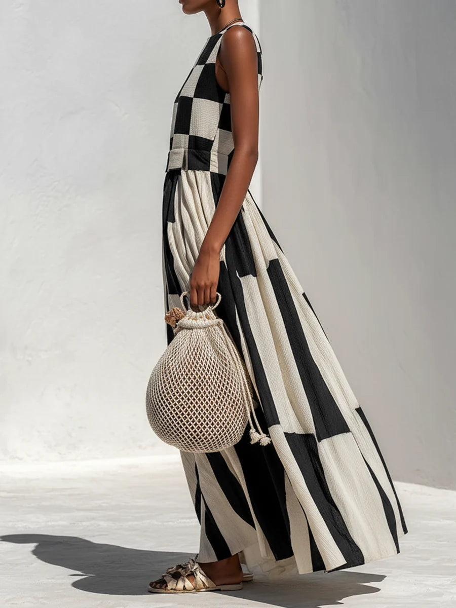 Ashlyn | Vestido sin Mangas con Paneles de Cuadros y Rayas