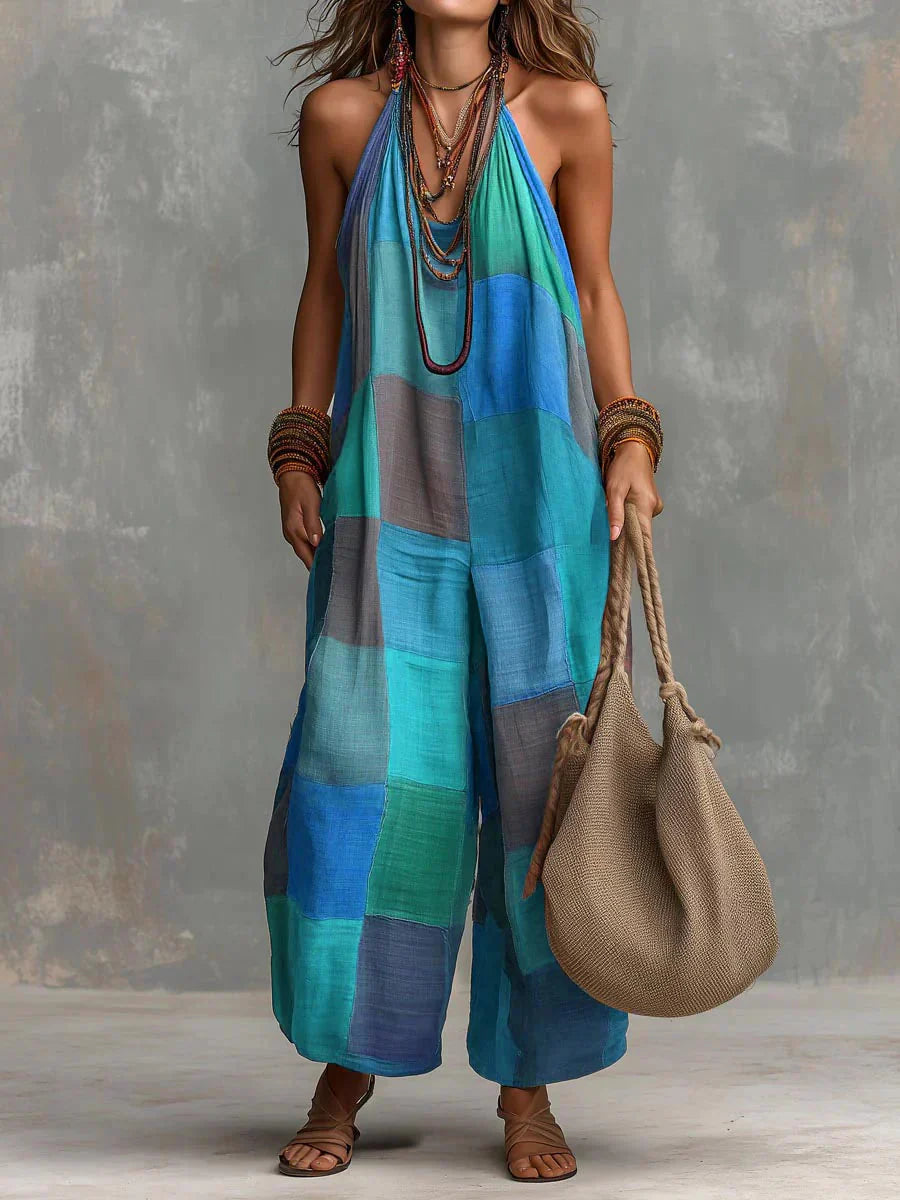 Meriny | Mono Largo con Estampado Patchwork y Escote Halter + Bolso de Regalo