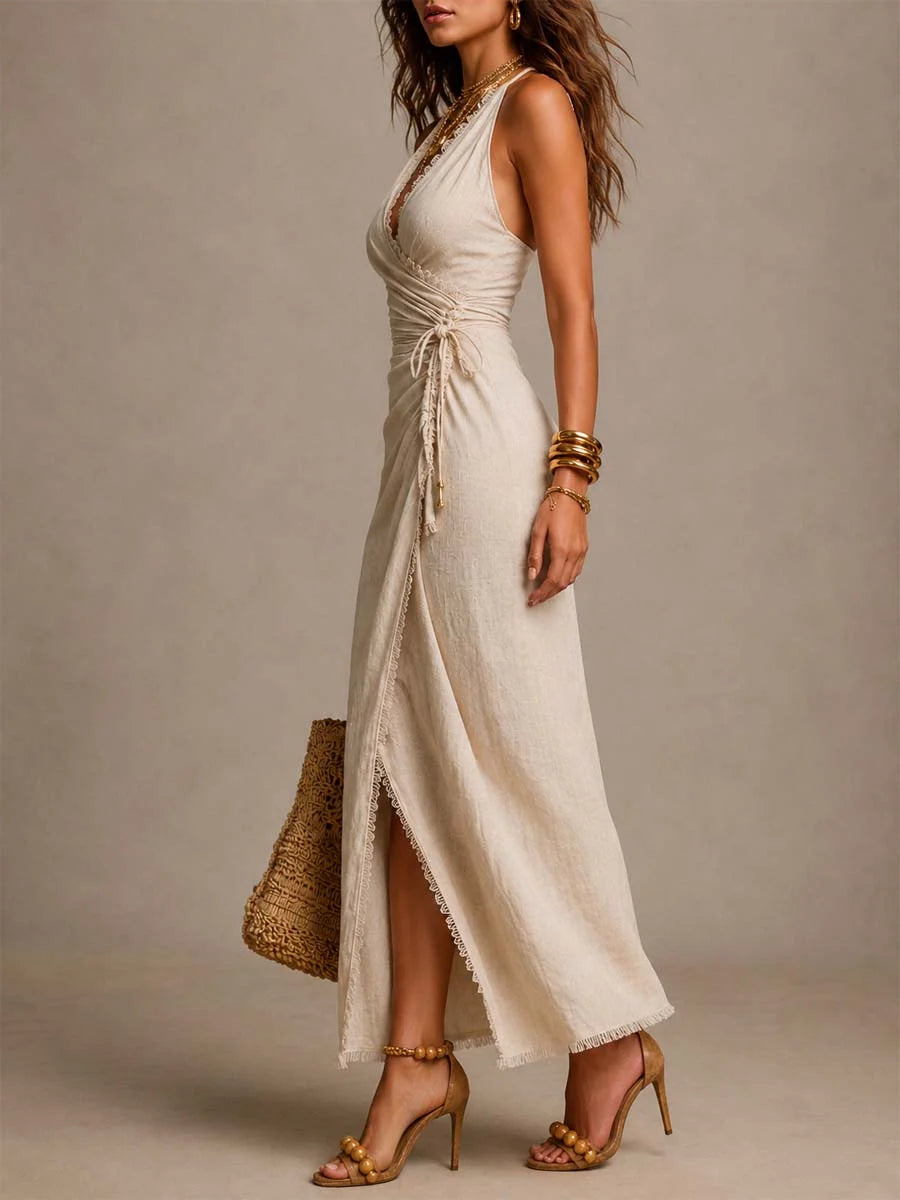 Szarlota | Vestido Largo Cruzado de Lino + Bolso de Regalo