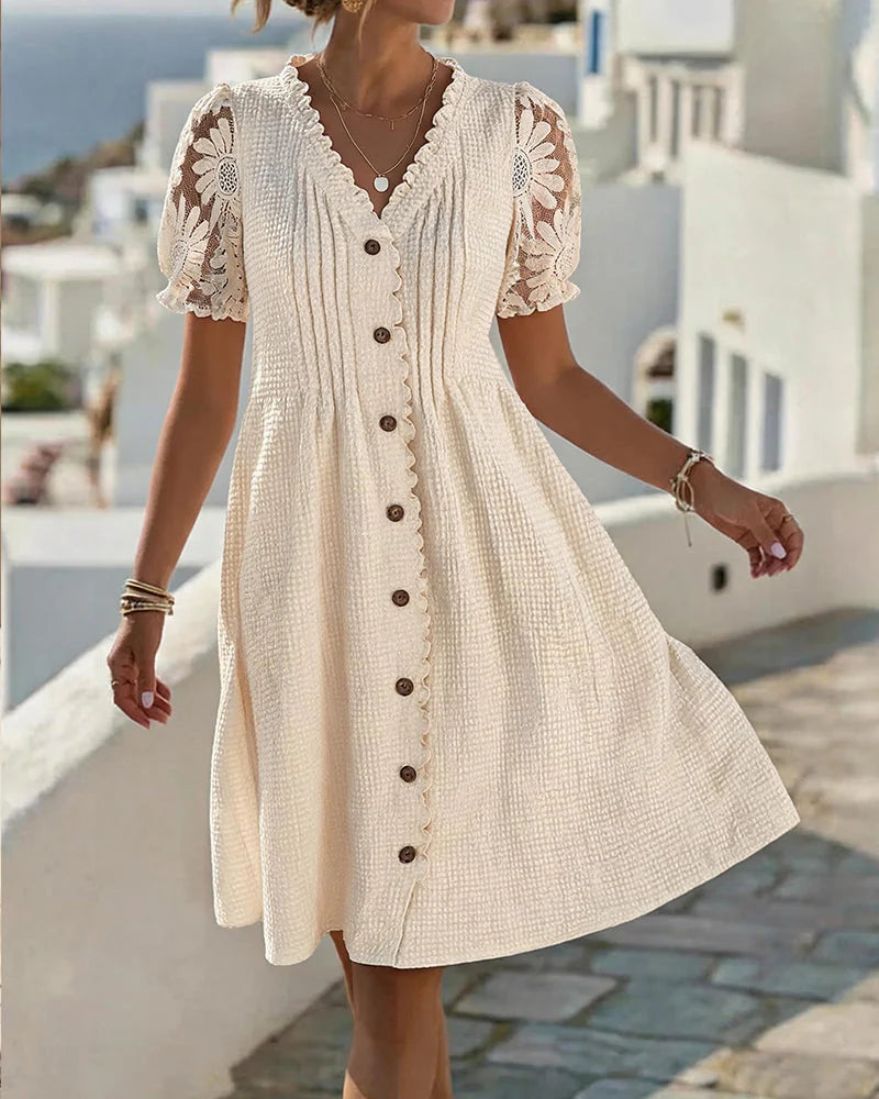 Deneke | Vestido Patchwork con Girasoles y Mangas Abullonadas