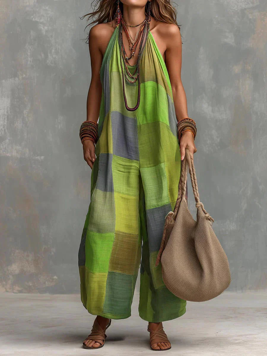 Meriny | Mono Largo con Estampado Patchwork y Escote Halter + Bolso de Regalo
