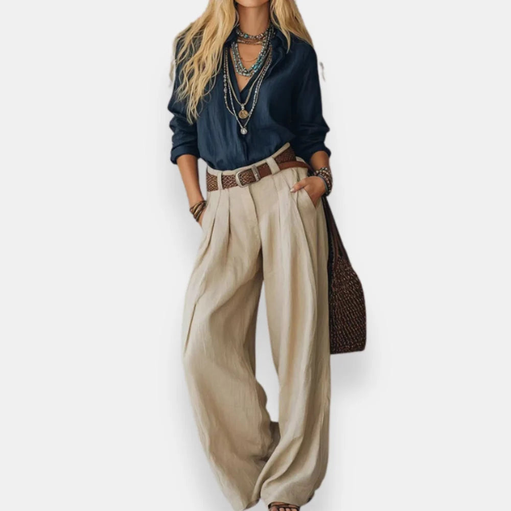 Ofelya | Conjunto Elegante con Blusa y Pantalón de Pernera Ancha
