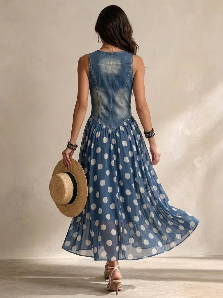 Vylina | Vestido Vaquero con Falda de Gasa de Lunares