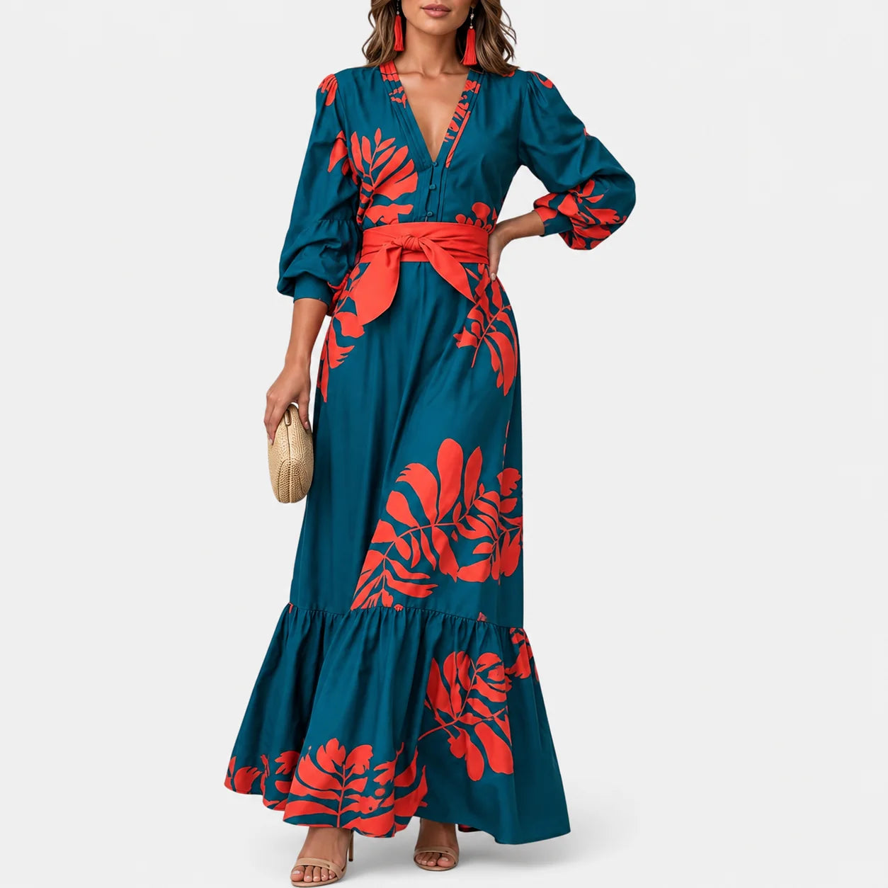 Hena | Vestido Largo Floral con Cinturón y Mangas Abullonadas