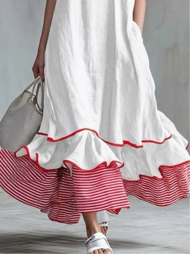 Behice | Vestido Largo a Rayas Rojas con Mangas Cortas y Volantes