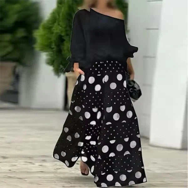 Geanna | Conjunto Elegante con Top y Falda Larga de Lunares