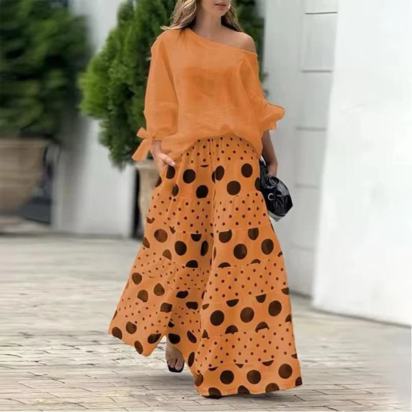 Geanna | Conjunto Elegante con Top y Falda Larga de Lunares