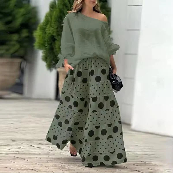 Geanna | Conjunto Elegante con Top y Falda Larga de Lunares