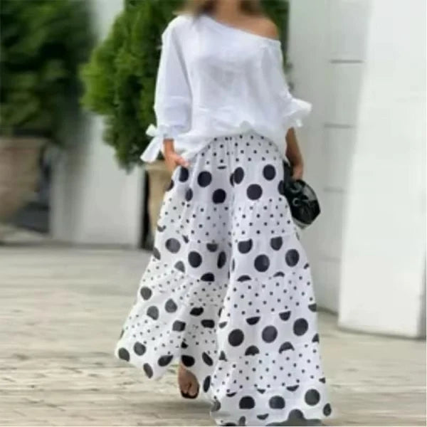 Geanna | Conjunto Elegante con Top y Falda Larga de Lunares