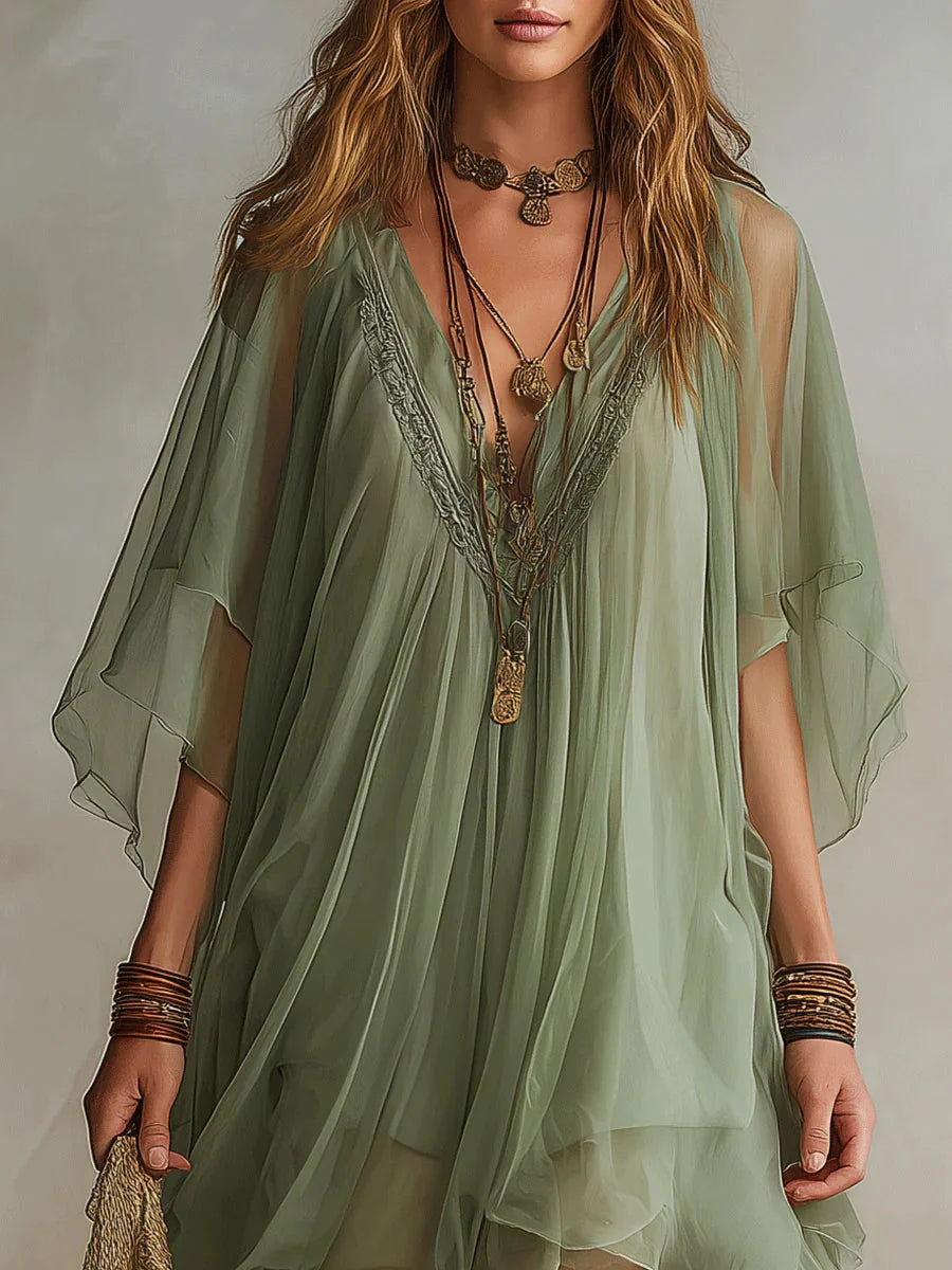 Sadet | Vestido Corto de Gasa con Escote en V + Bolso de regalo