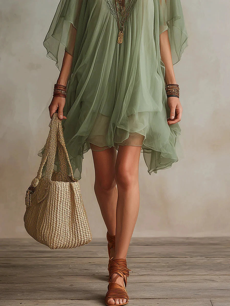 Sadet | Vestido Corto de Gasa con Escote en V + Bolso de regalo