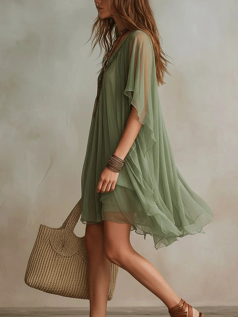 Sadet | Vestido Corto de Gasa con Escote en V + Bolso de regalo