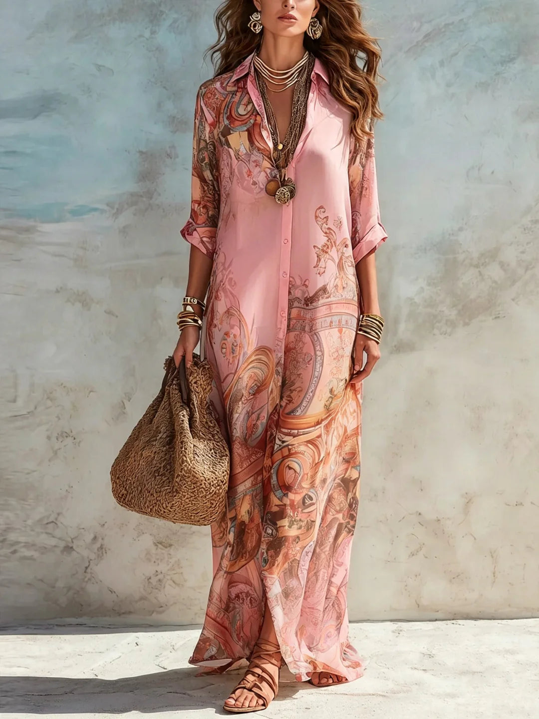 Donatella | Vestido Camisero Largo con Estampado Artístico