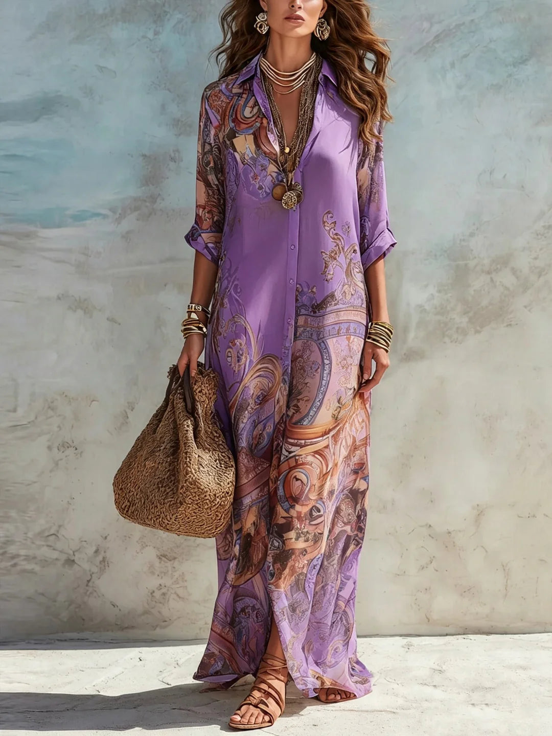 Donatella | Vestido Camisero Largo con Estampado Artístico
