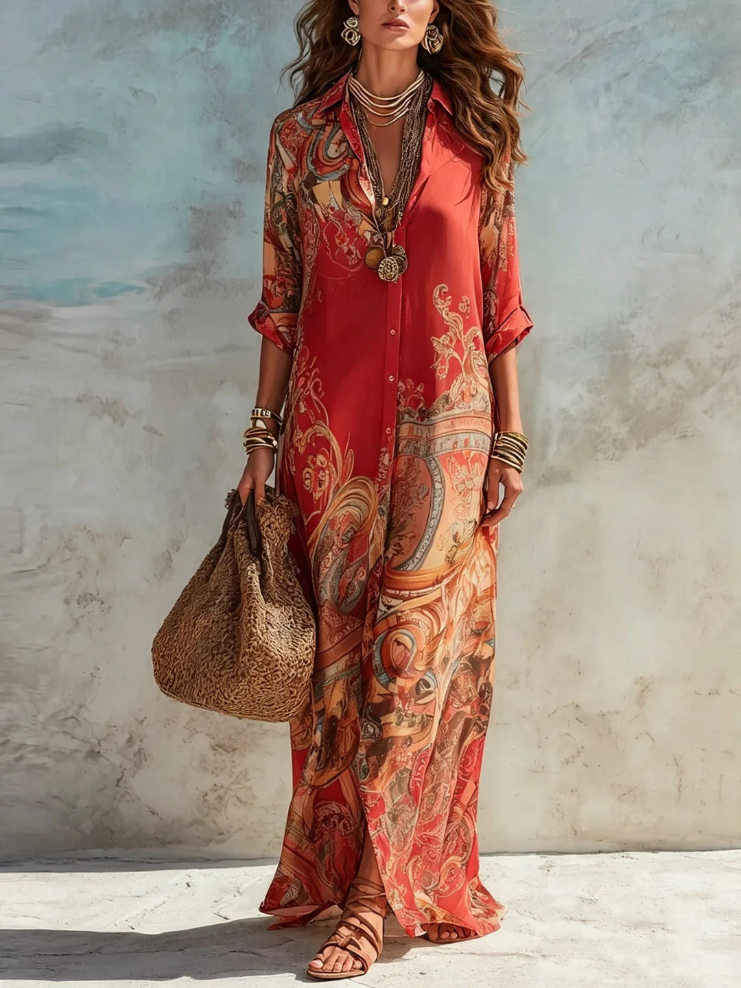 Donatella | Vestido Camisero Largo con Estampado Artístico