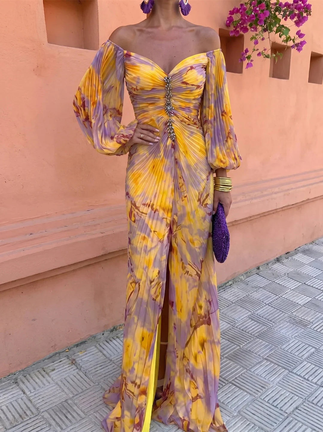 Cataleia | Vestido Largo Floral Plisado De Manga Larga
