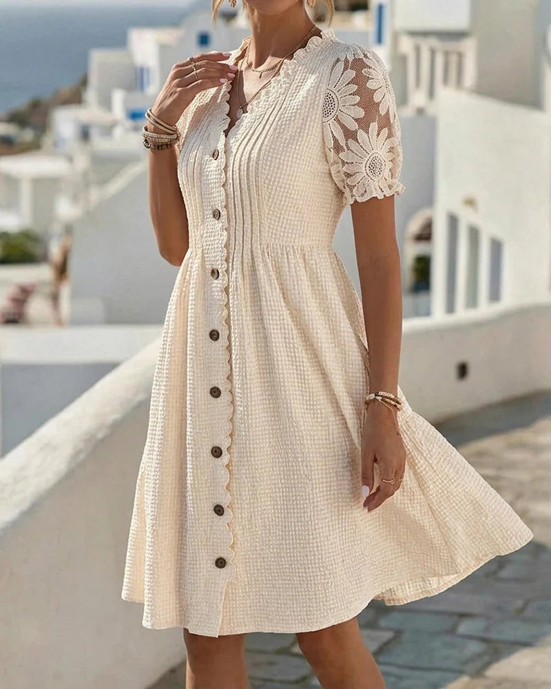 Deneke | Vestido Patchwork con Girasoles y Mangas Abullonadas