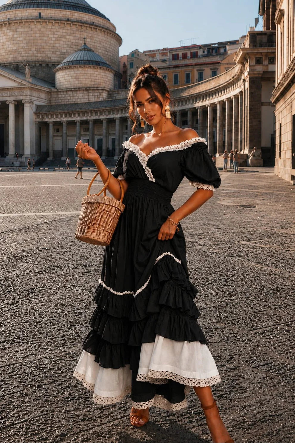 Aisha | Vestido Largo con Hombros Descubiertos Volantes + Bolso de Regalo